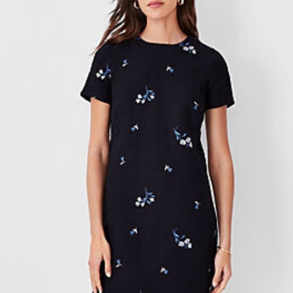 NEW! ANN TAYLOR Tweed Floral Embroidered Shift Dress 16.